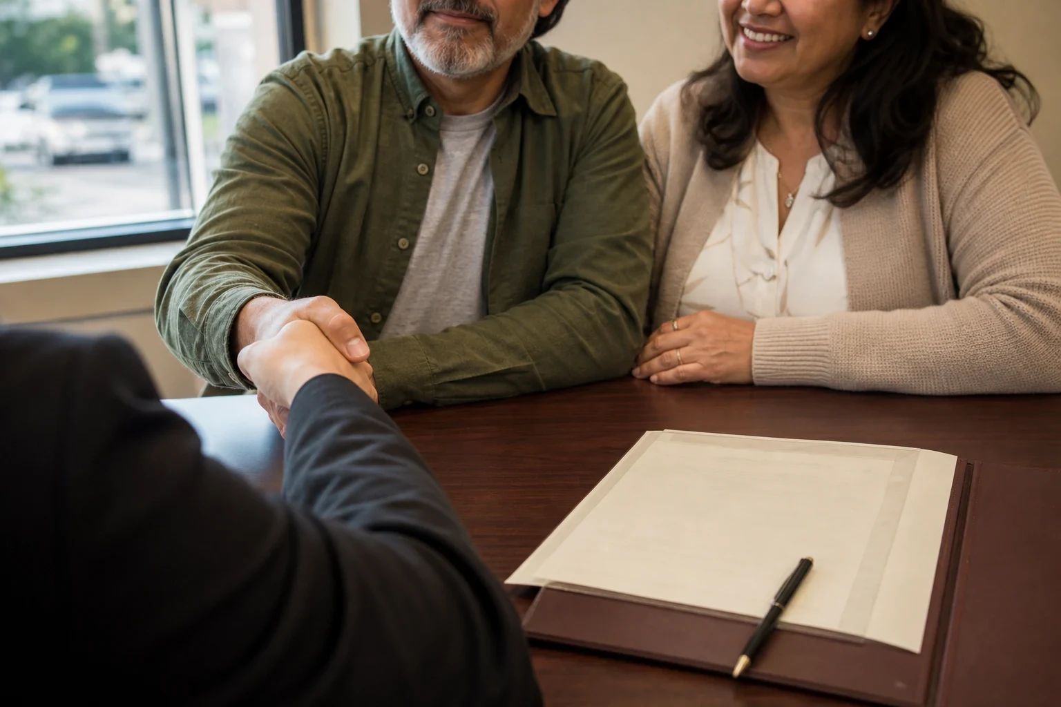 Over-the-shoulder view of an agent shaking hands with a smiling couple across a wooden office desk, a folder with blank papers and a pen in front of them